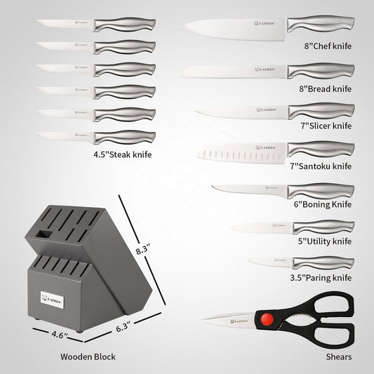 15-piece stainless steel chef knife set with wooden block