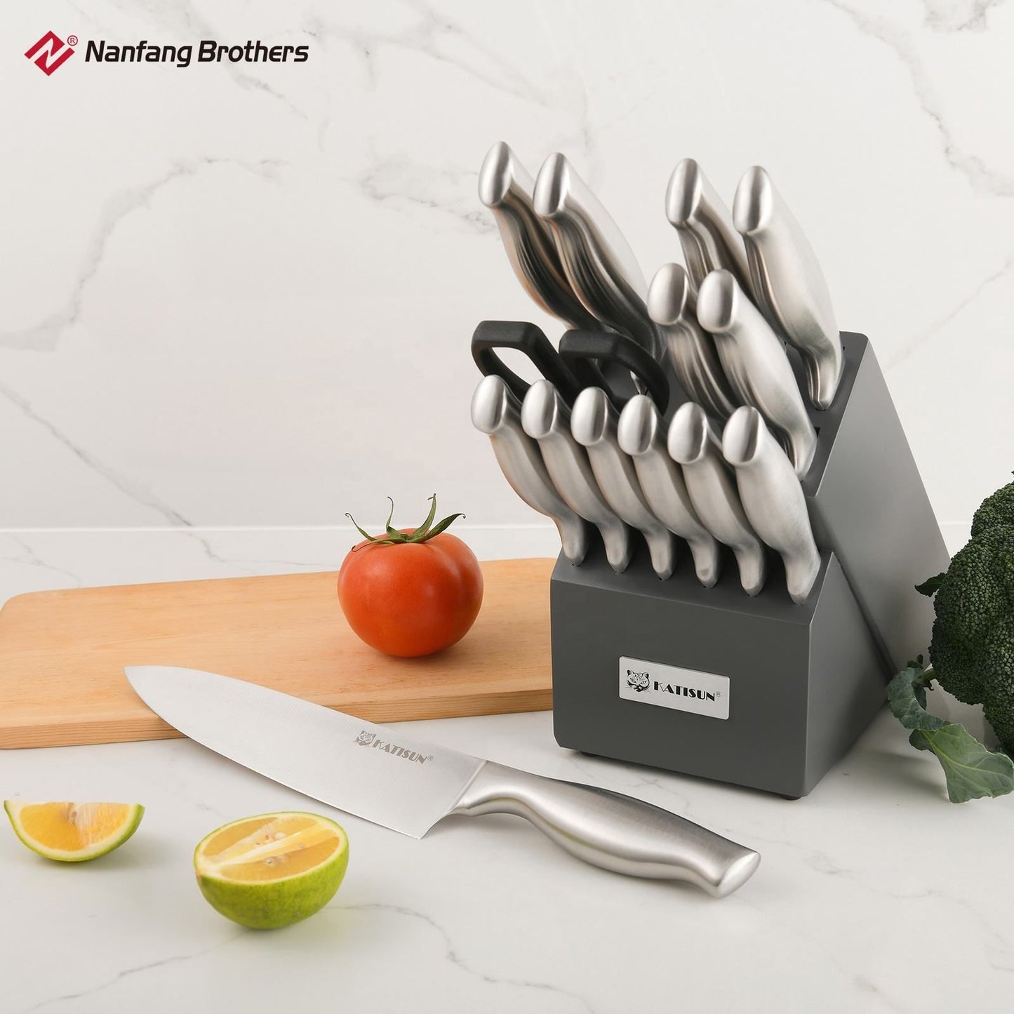 15-piece stainless steel chef knife set with wooden block
